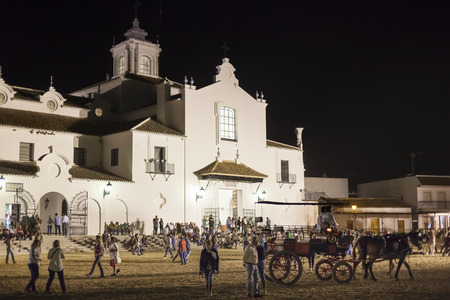 El Rocio, Spain - June 4, 2017: Piilgrims in front of the hermitage in El Rocio during the Romeria 2017. Province of Huelva, Andalusia, Spainのeditorial素材