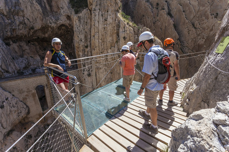 El Chorro, Spain - May 31, 2017: People at the hiking trail 'El Caminito del Rey' - King's Little Path, former world's most dangerous footpath wich was reopened in May 2015. Ardales, Malaga province, Spainのeditorial素材
