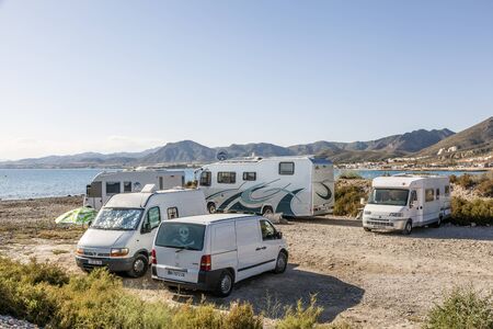 Azohia, Spain - May 14, 2017: Luxury mobile homes parked at the mediterranean coast in town La...