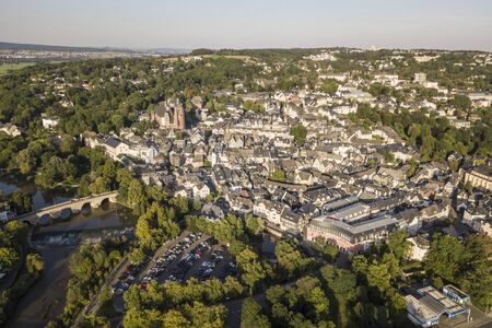 Aerial view over the old town Wetzlar with the river Lahn and historic bridge. Hesse, Germanyの写真素材