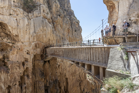 El Chorro, Spain - May 31, 2017: Bridge at the hiking trail 'El Caminito del Rey' - King's Little Path, former world's most dangerous footpath wich was reopened in May 2015. Ardales, Malaga province, Spainのeditorial素材