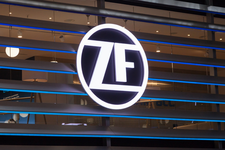 Frankfurt, Germany - Sep 20, 2017: ZF Friedrichshafen autmotive supplier corporate logo at the IAA...