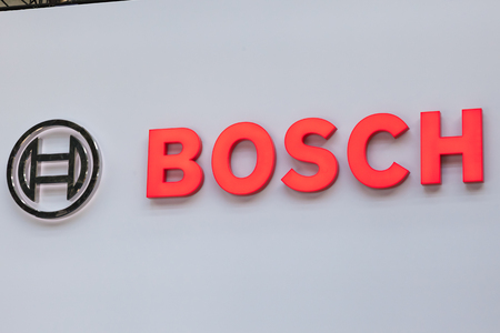 Frankfurt, Germany - Sep 20, 2017: Logo of the German autmotive supplier Bosch at the IAA 2017 at the Frankfurt International Motorshow 2017のeditorial素材