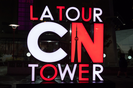 Toronto, Canada - Oct 12, 2017: La Tour CN Tower sign illuminated at night. Toronto, Ontario, Canadaのeditorial素材