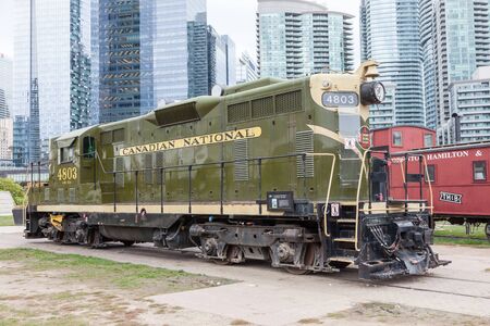 Toronto, Canada - Oct 11, 2017: Historic diesel train at the Railway Museum in Roundhouse Park in Toronto. Province of Ontario, Canadaのeditorial素材
