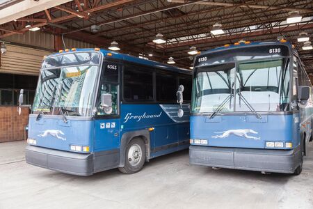 Toronto, Canada - Oct 11, 2017: Grehound buses at the city terminal in Toronto. Province of Ontario, Canadaのeditorial素材