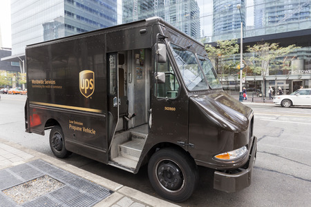 Toronto, Canada - Oct 14, 2017: United Parcel Service (UPS) delivery vehicle which runs with low emission on propane gas. Downtown of Toronto, Canadaのeditorial素材