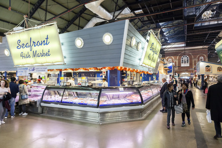Toronto, Canada - Oct 13, 2017: Sea food stand at the historic St Lawrence Market in the city of Toronto, Canadaのeditorial素材