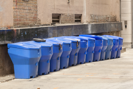 Blue garbage cans in the street of Toronto, Canadaの写真素材