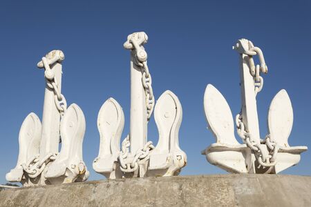 Three white anchors at the Ontario Place in Toronto, Canadaの写真素材