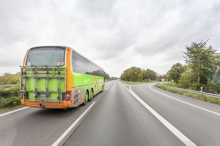 Unna, Germany - Oct 28, 2017: Green Flixbus Meinfernbus european long distance coach on the highway...