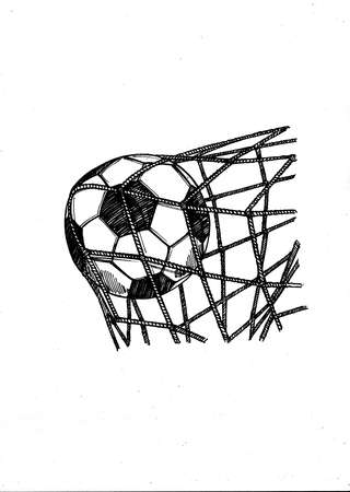 Black and white illustration of a football hitting the back of a net.のeditorial素材