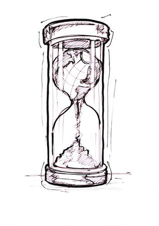 Black and white sketch of the world in an hour glass.の写真素材