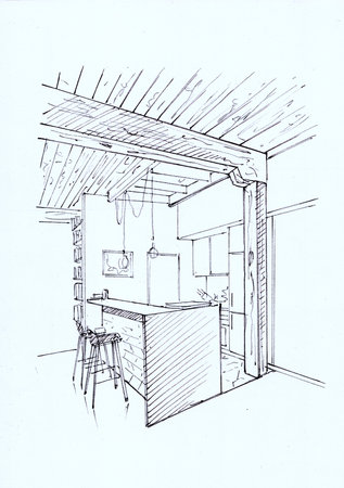 Black and white sketch of a modern style kitchen.の写真素材