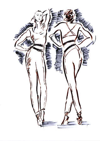Black and white sketch of two female fashion models on the catwalk.の写真素材