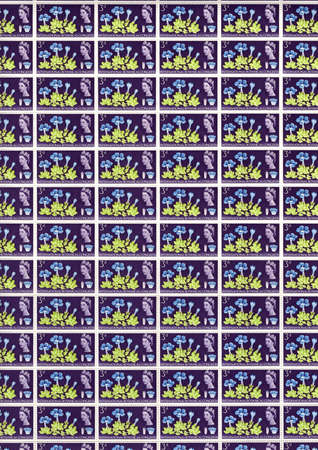 A sheet of GB vintage stamps featuring flowers.