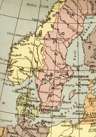 A vintage sepia coloured map of Norway, Sweden and Denmark.