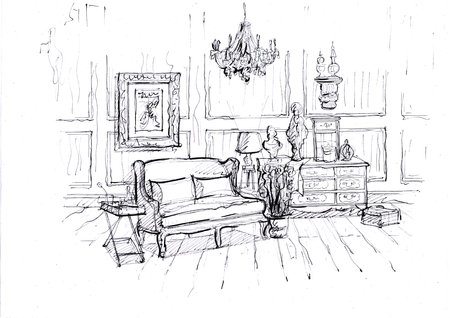 Black and white sketch for a French country style room.の写真素材
