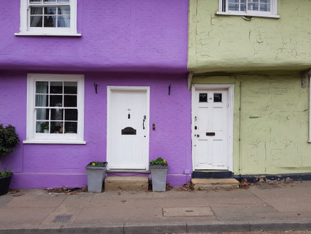 Colourful facades of cottages in Essex, England.