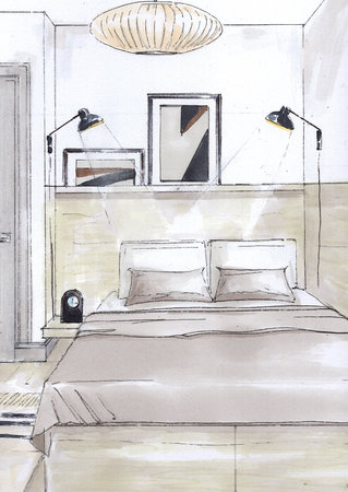 Sketch of a modern style bedroom interior. Hand-drawn illustration.の写真素材
