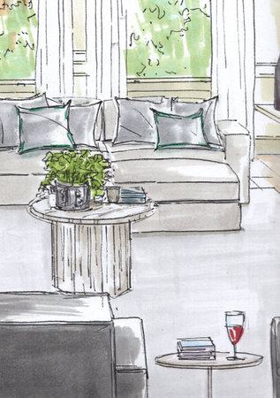 Sketch of living room interior with sofa, coffee table and plantsの写真素材
