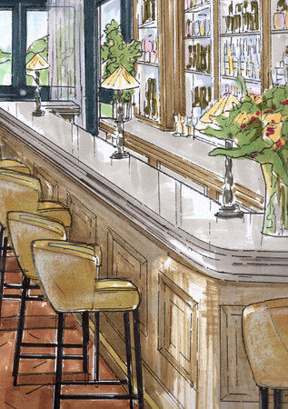 Illustration of a bar counter with chairs and a vase of flowers.の写真素材