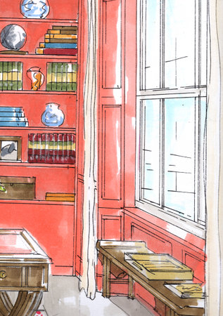 A hand drawn colour sketch of a lounge with a bay window and book shelves.の写真素材