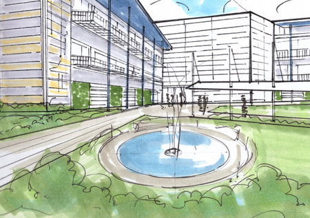 A hand drawn colour sketch of a modern business park.の写真素材