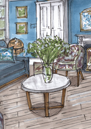 Hand drawn sketch of a living room interior with a sofa, a coffee table and a vase of flowersの写真素材