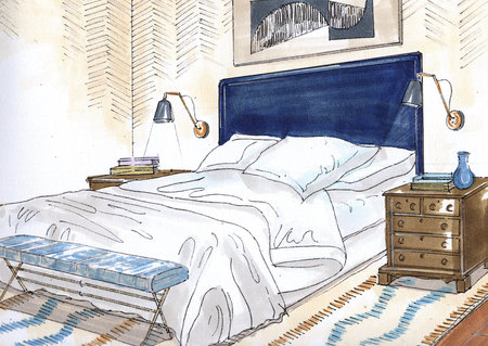 Sketch of a modern bedroom interior with a bed and a lamp.の写真素材