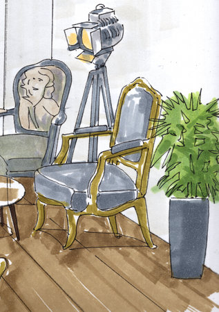 Illustration of a nightclub with a chair, a lamp and a plant.の写真素材
