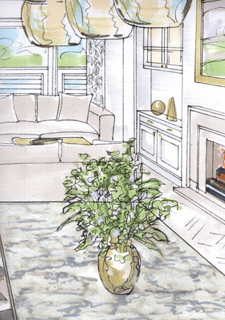 Sketch of a living room with a sofa and flowers in a vase on a marbled top table.の写真素材