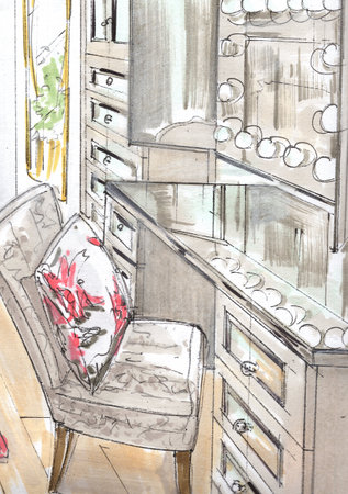 A hand drawn colour sketch of a theatre make up room with a chair and mirror.の写真素材