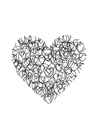 Black and white drawing of a heart with scribbles on a white backgroundの写真素材