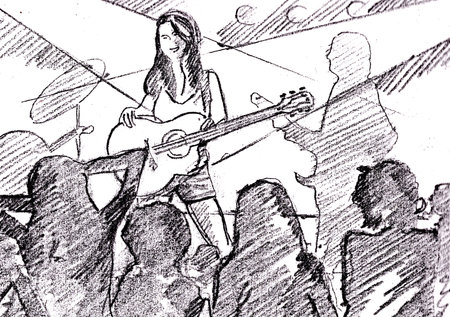 Sketch of a girl playing the guitar during a concert.の写真素材