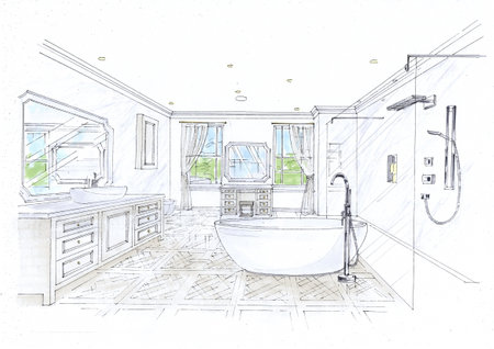 Sketch of modern bathroom interior with bathtub. Hand drawn illustration.の写真素材