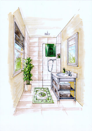 Bathroom interior. Hand drawn watercolor illustration. Sketch.の写真素材
