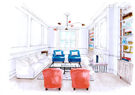 Interior sketch of modern living room, hand drawn, sketch, illustration.の写真素材