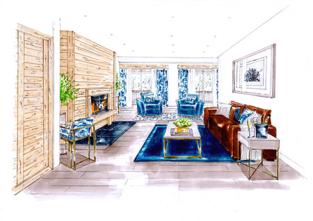 Sketch of interior of modern style living room. Hand drawn illustration.の写真素材