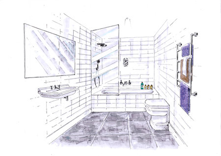 Bathroom interior. Hand drawn watercolor illustration. Bathroom design.の写真素材