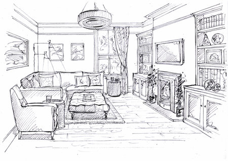 Interior sketch of a living room. Hand drawn illustration.の写真素材