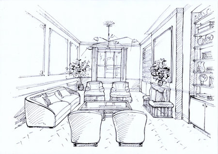 Interior sketch of a living room, hand drawn illustration.の写真素材