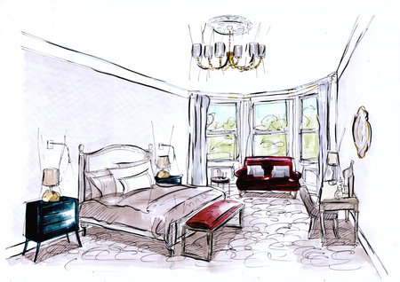 Colour sketch of a modern style luxury bedroom.の写真素材