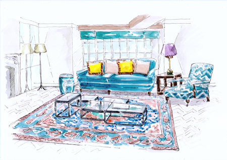 Interior of a country style living room. Hand-drawn illustration, watercolour.の写真素材