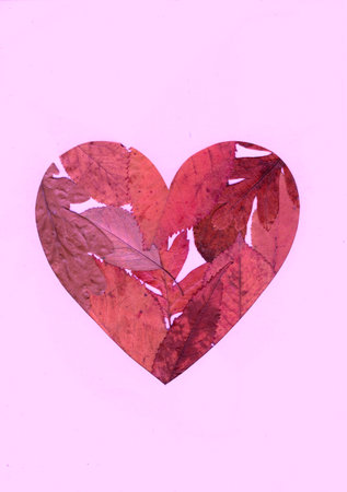 Heart made of leaves on a pink background, valentine's day.
