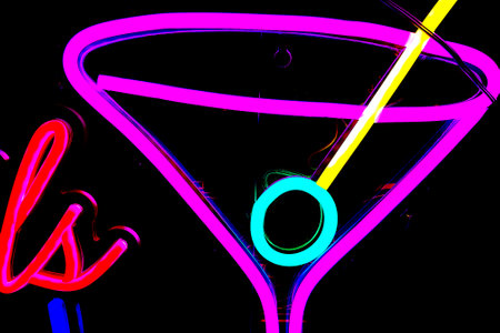 Illustration of a cocktail glass on a dark background with neon lightsの写真素材
