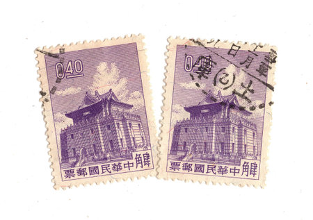 Vintage postage stamps from China with the image of an historic temple.の写真素材