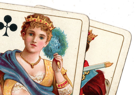 A postcard printed in Russia shows image of a Queen playing cards, circa 1980s.
