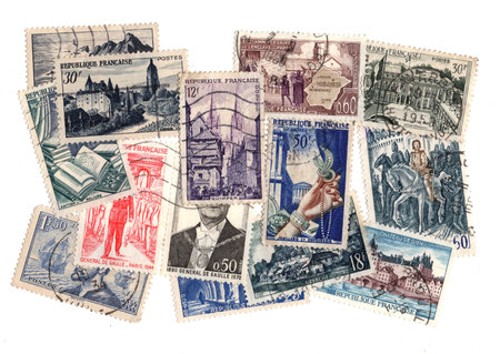 Vintage postage stamps from France isolated on a white background.の写真素材