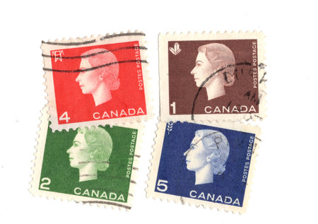 Vintage postage stamps from Canada isolated on a white background.